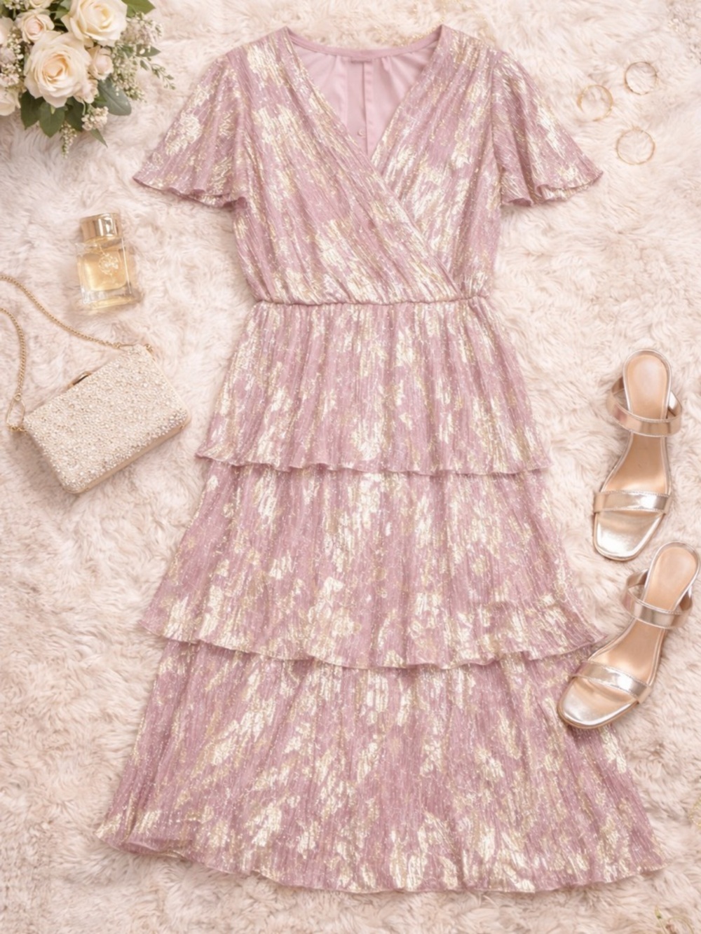 SL Fashions Pink Gold Foil Tiered Tea Length Dress Size 12 NWT